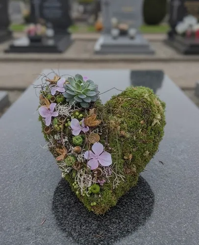Cœur de mousse et de succulentes posé sur une sépulture