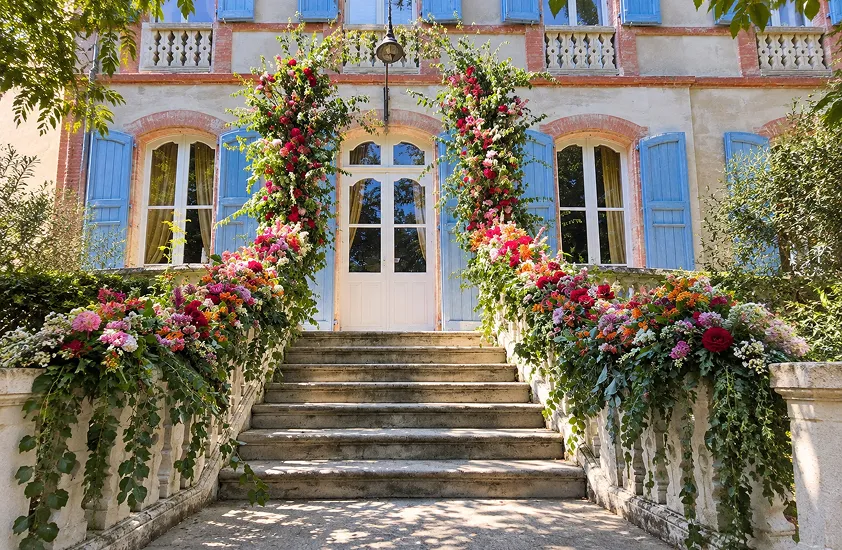 Perron d’une demeure habillé de compositions florales pour accueillir les invités